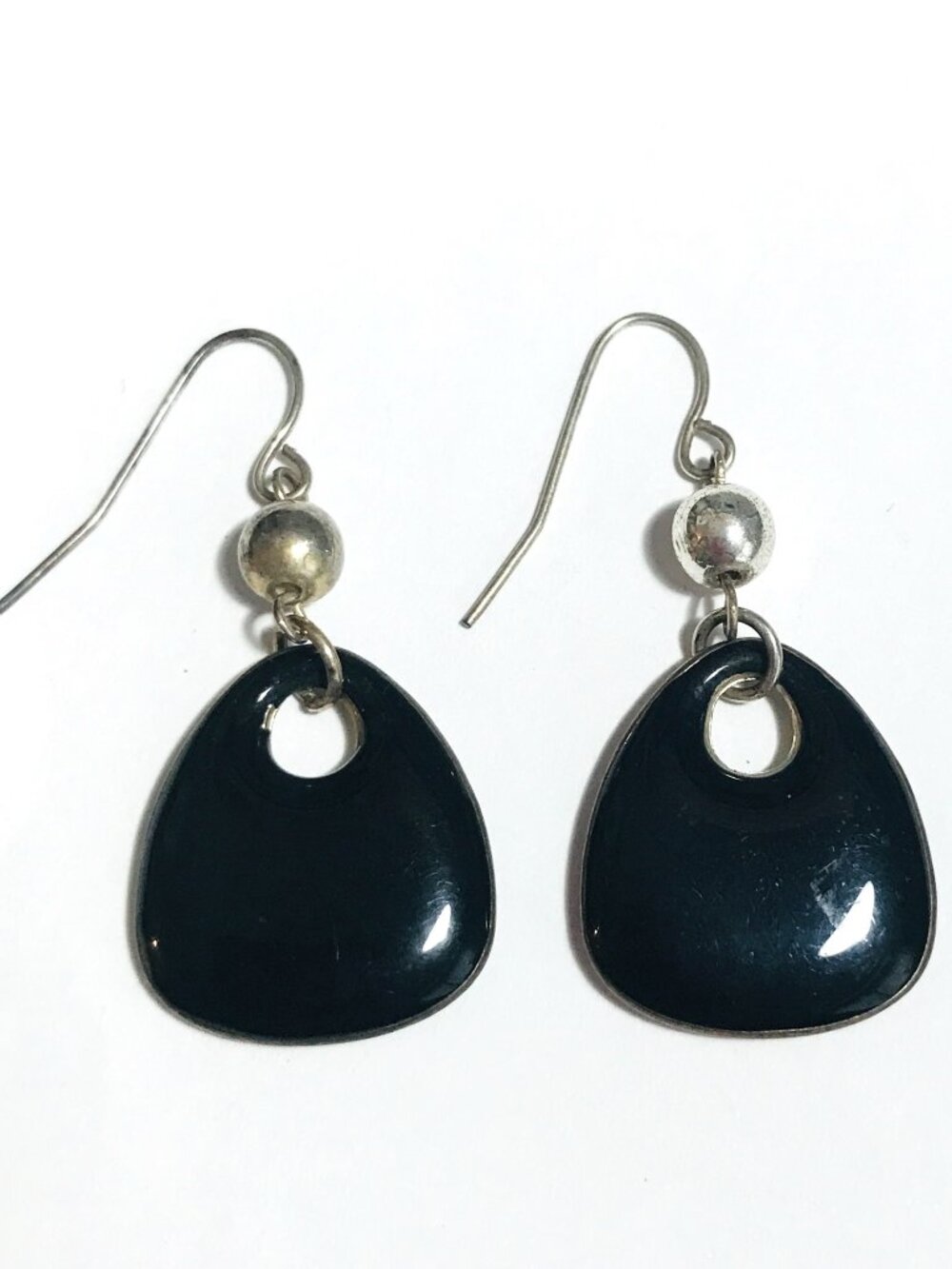 Vintage Black Enamel & Silver Dangle Earrings Teardrop Hooks
